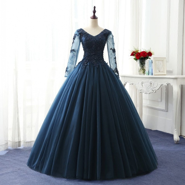 Navy Blue Long Sleeve Lace Quinceanera ...